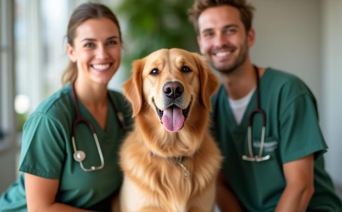 Greenfield Veterinary Clinic staff with a golden retriever