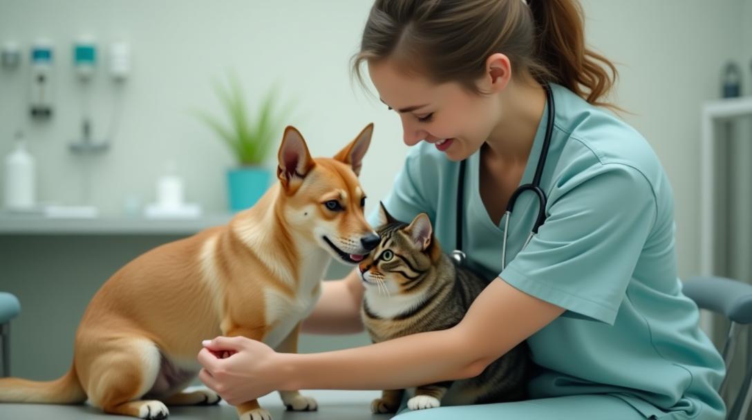Veterinarian with dog and cat in clinic
