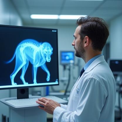 Vet analyzing X-ray of dog